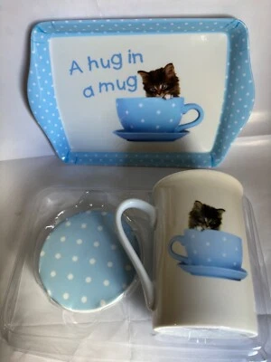 Gatito atigrado gato 'Un abrazo en una taza' punto azul caja de regalo conjunto taza bandeja y posavasos Foto 1 de 3