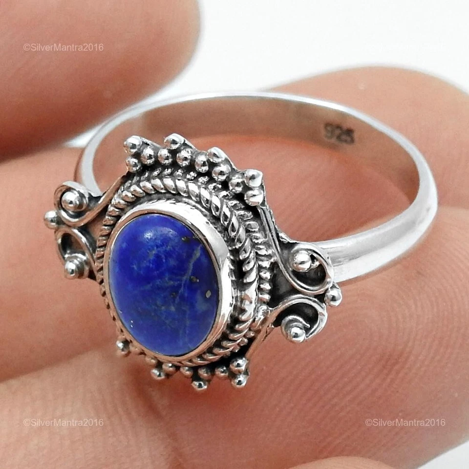 Anello Cocktail In Lapis Lazuli Con Bezel Regalo Di Natale In Argento 925 Us 8 - Immagine 1 di 4