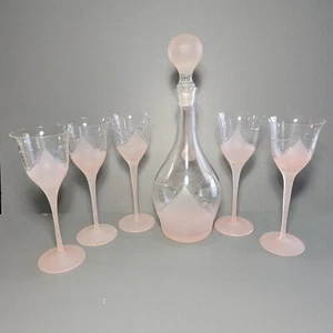 Melinda Pink Frosted 6 Piece Wine Set, Blown Glass By Crystal Clear Industries - Picture 1 of 20