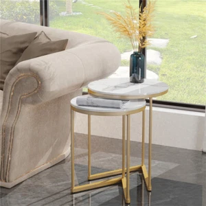 Round Modern Nesting Coffee Table Set of 2 Stacking Living Room Tables Marble - Picture 1 of 13