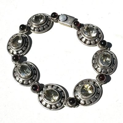 Vintage Sterling, Citrine & Garnet Nepalese Heavy Link Bracelet - Image 1 of 4