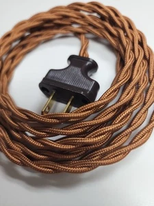 8' Copper Brown Twisted Cloth Covered Wire & Plug, Vintage Style Lamp Cord - Picture 1 of 4
