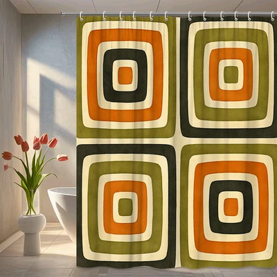 Cortina de Ducha Retro Geométrica en Diseño Verde y Naranja Foto 1 de 4