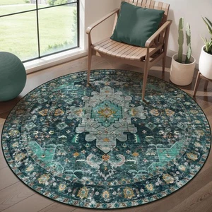 Washable Area Rug Round 4’x4’ Teal Boho Bedroom Non-Slip Oriental Entry Throw... - Picture 1 of 8