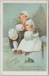 Children in Winter Scene with Holly & Skates, 1910s Divided Back Postcard - Picture 1 of 2