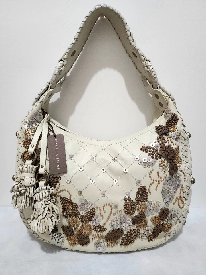 Bolsa boho Isabella Fiore couro hobo creme bordado floral frisado - Imagem 1 de 4