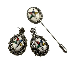Vintage Masonic Eastern Star Earrings & Stick Pin Porcelain Multi-Color Enamel - Picture 1 of 9