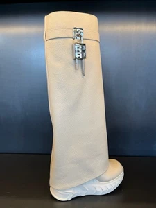 GIVENCHY $1995. Beige Pebbled Leather Shark Lock Boots Shoes S11 - Picture 1 of 7