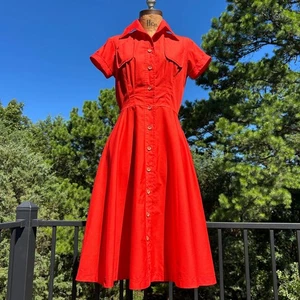 Vintage 60s Tomato Red Full Circle Skirt Shirtwaist Dress + Pockets XS S - Picture 1 of 8