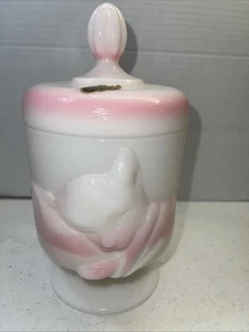 Fenton Chessie Katze Rosalen rosa und weiß bedeckt Bonbonglas Deckel leuchtet UV - Bild 1 von 14