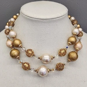 Collar Vintage Cuentas AB Tono Oro Crema Filigrana Bolas En Capas 16" - Imagen 1 de 17
