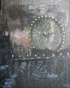 PINTURA AL ÓLEO LEON GOODMAN ORIGINAL LONDON EYE THAMES NIGHTS - Imagen 1 de 1