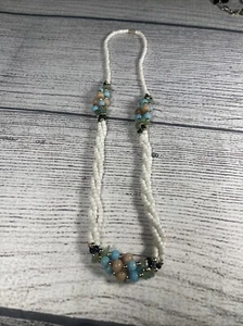 White Milk Glass Seed Bead Necklace w Stations of Sea Shell, Jade & Beads - Picture 1 of 4