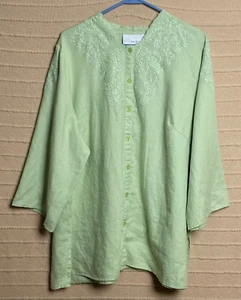 Womens Linen Shirt Light Green Embroidered Lagenlook Minimalist Career Brunch 3X - Picture 1 of 13