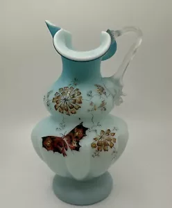 Antique Blown Cased Satin Blue And White Vase/Pitcher Butterfly And Flowers - Picture 1 of 12