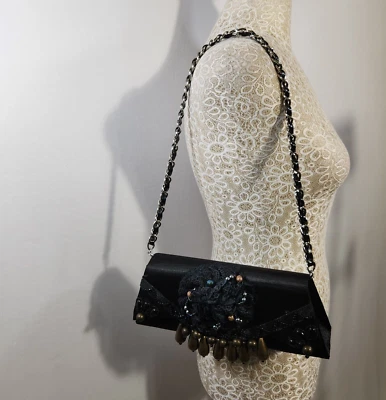 Vintage Women's Small Black Satin Floral Beaded Evening Clutch Formal Party City - Image 1 of 4