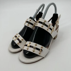 Albano Sandals Womens Size 6 White Leather Gold Studded Block Heel Slingback - Picture 1 of 13
