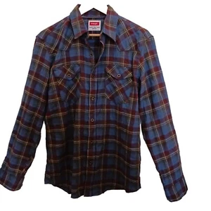 Camicia western Wrangler plaid flanella uomo media bottoni metallo blu rosso - Foto 1 di 10
