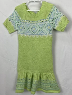 Justice Lime Green Fair Isle Sequin Sparkle Sweater Dress Girls 6 EUC #22D - Image 1 of 4