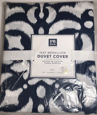 Funda nórdica Pottery Barn Teen Dorm Ikat Medallion doble nueva en paquete algodón azul marino y blanco Foto 1 de 4