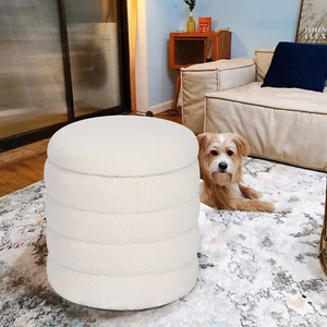 18.9inch Modern Round Storage Ottoman Coffee Table Padded Sherpa Footstool White - Picture 1 of 12