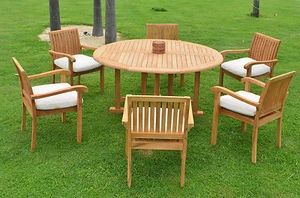 Napa 7-pc Outdoor Teak Dining Patio Set: 72" Round Table, 6 Stacking Arm Chairs - Picture 1 of 7