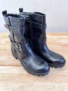 Nine West Booties Women Size 8M Motorcycle Boots Black Straps Buckle Block Zip - Picture 1 of 9