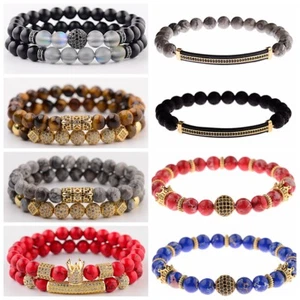 2PCS/Set Bracciale Lusso Micro Pave Zirconi Palline Corona Charm Pietra Naturale Donna Uomo - Foto 1 di 51