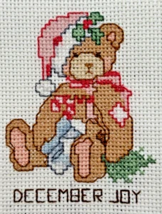Cross Stitch December Joy Teddy Bear Monthly Calendar Finished Piece - Picture 1 of 11