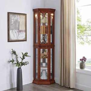 Lighted Wooden Curio Display Cabinet w/Glass Doors and Adjustable Glass Shelves - Picture 1 of 28