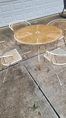  Vintage White Wrought Iron Patio Furniture Set Table & 4 Back Chairs  - Image 1 of 4