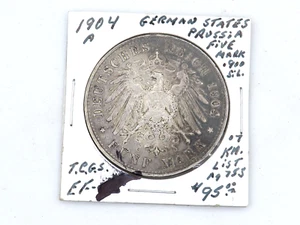 1904-A GERMAN STATES PRUSSIA FIVE MARK .900 SILVER COIN AU CONDITION OR BETTER * - Picture 1 of 6