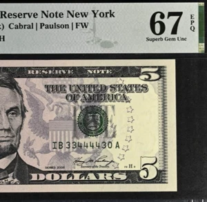 2006 $5 Federal Reserve Note PMG 67EPQ Superb Gem Fancy Serial Number 33444430 - Picture 1 of 3