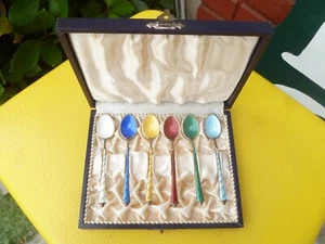 Demitasse Spoons Multicolored Enamel Set 6 STERLING EGON LAURIDSEN of Denmark - Picture 1 of 3