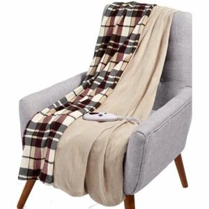 Biddeford Heated Electric Plush Throw Blanket Linen Plaid Reversible - Picture 1 of 3