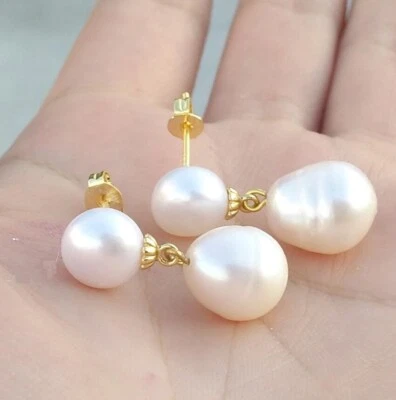 Огромный AAA 10-13 мм + 7-8 мм Южных морей белый барокко жемчуг серьги 14k золото P - Изображение 1 из 4