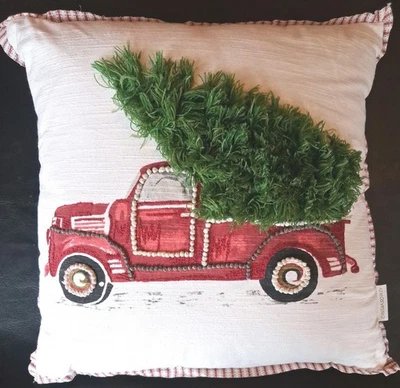 Cynthia Rowley Christmas Tree Red Truck Throw Pillow Holiday Rustic Country USA - Image 1 of 4