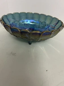 VTG Indiana Carnival Glass Blue Iridescent Bowl Harvest Grape 1970s Oval Footed - Picture 1 of 14