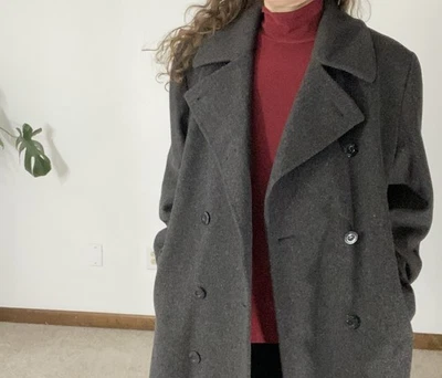 VINTAGE ISAAC MIZRAHI Wool Longline Pea Coat Size 14 Large Charcoal Gray Classic - Image 1 of 4