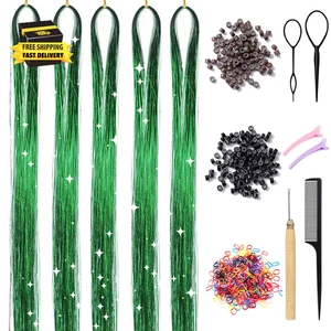 Green Hair Tinsel Kit with Tools 47 Inch 1100 Strands Tinsel Hair Extensions Fai - Picture 1 of 7