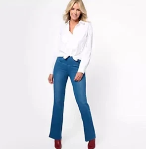 Women W/ Control Reg Elite Prime Stretch Denim Flare Pants Western Midwash Sz 6 - Picture 1 of 7
