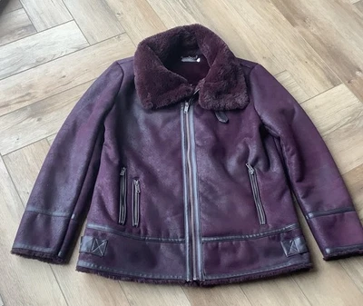 Mint Velvet Faux Suede Aviator Biker Coat Faux Fur Uk 12 Aubergine  - Image 1 of 4