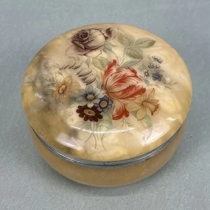 Vintage Alabaster Trinket Vanity Box Hand Carved Hinged Floral Design - Picture 1 of 6