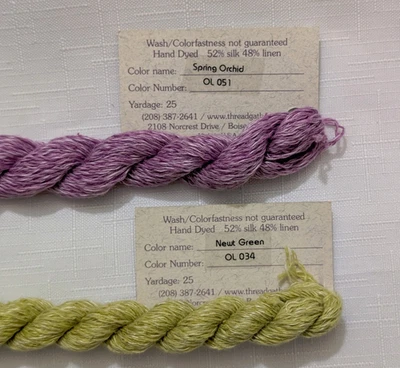 Thread Gather Oriental Linen 2 Skeins Spring Orchid and Newt Green - Image 1 of 3