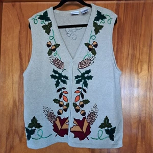 Vintage Bobbie Brooks bestickt Herbst Herbst Eichel Nuss Blätter Pullover Weste LARGE - Bild 1 von 12