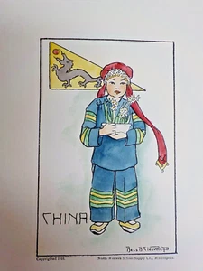 Antik Bess B Cleaveland signiert handgezeichnet Aquarell 1910 Druck chinesisches Kind - Bild 1 von 6