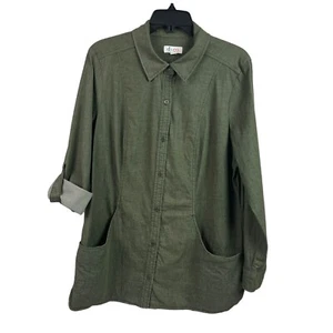 D & Co Denim Company Womens Roll Tab Shirt Stretch Green Pockets Medium - Picture 1 of 8