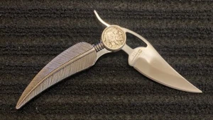 Collectible 8” Indian Chief Buffalo Nickel Coin Feather Folding Locking Knife - Picture 1 of 6