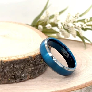 6mm Silver & Blue Tungsten Ring Stepped Edge Comfort Fit Band for Christmas Gift - Picture 1 of 4