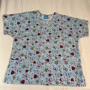 H. Q. Scrub Top V-Neck 3 Pocket Medical Uniforms Nurse Home Health Butterfly Med - Picture 1 of 7